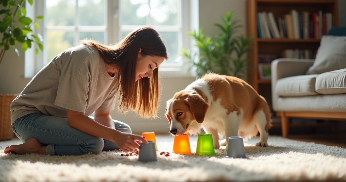 Young woman playing scent game with her dog using cups and treats on living room floor. 