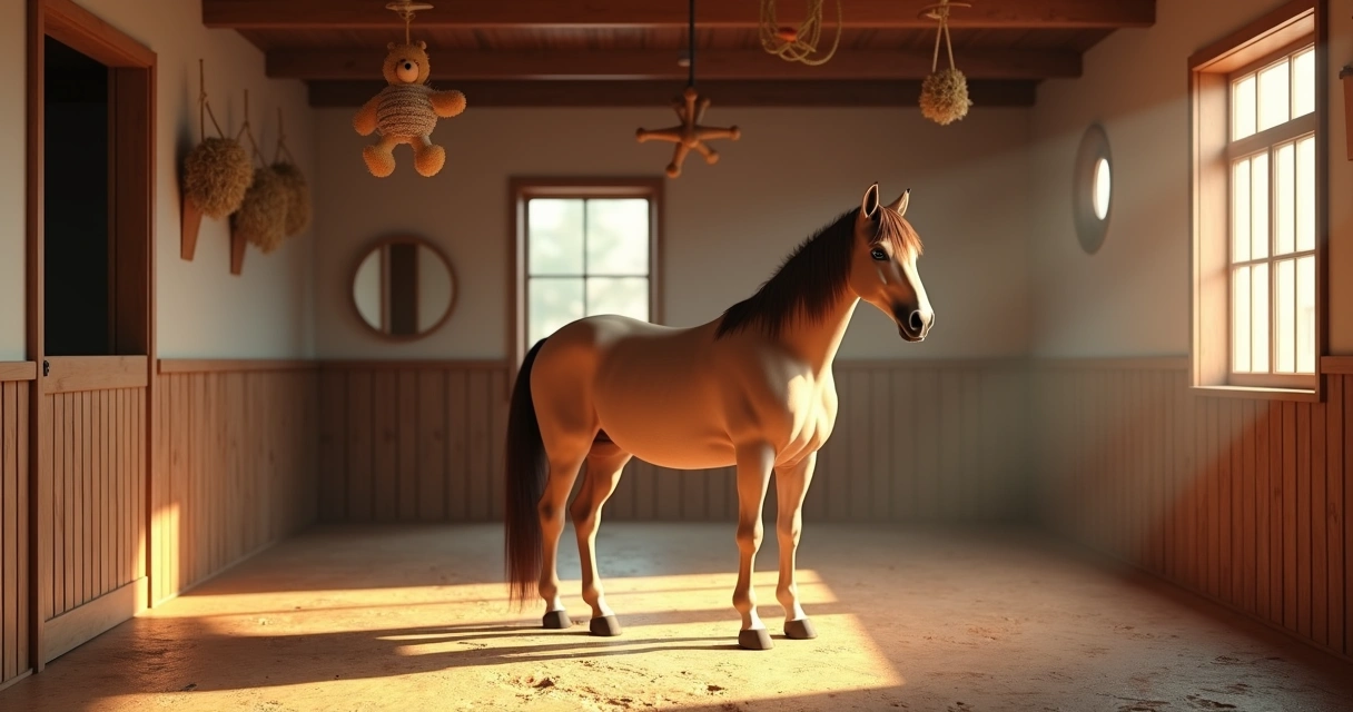 Cavalo em baia com brinquedos e feno suspenso 