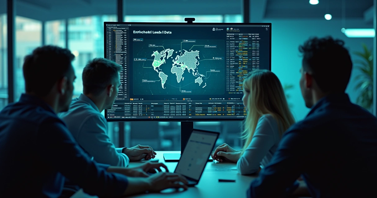 Equipe analisando dados em tela de computador moderna 