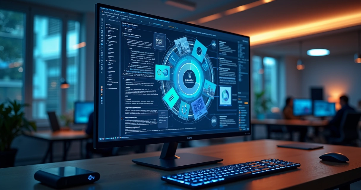 Computador com tela exibindo gráficos e dados públicos integrados a uma base de leads digital, em ambiente corporativo moderno 
