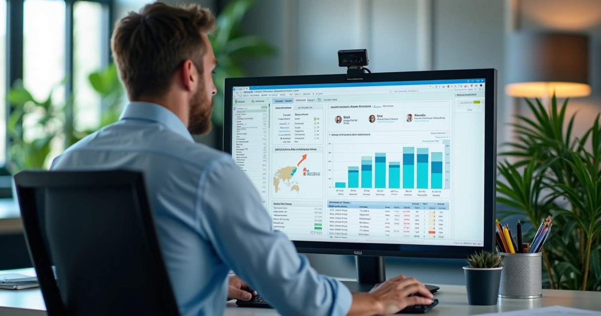 Profissional analisando dados enriquecidos em tela com gráficos 