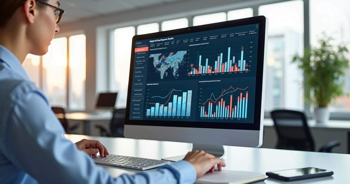 Computador com tela exibindo gráficos e dados organizados para análise empresarial B2B 