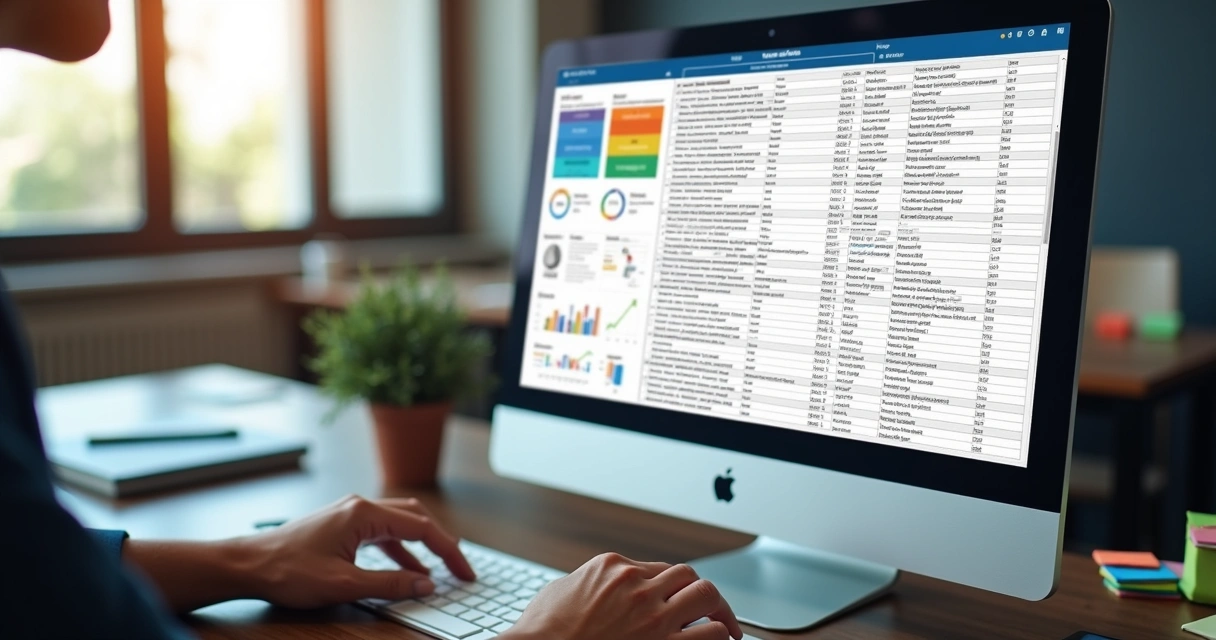 Planilha sendo enriquecida com novos dados de leads, tela de computador com gráficos e informações sendo atualizadas 