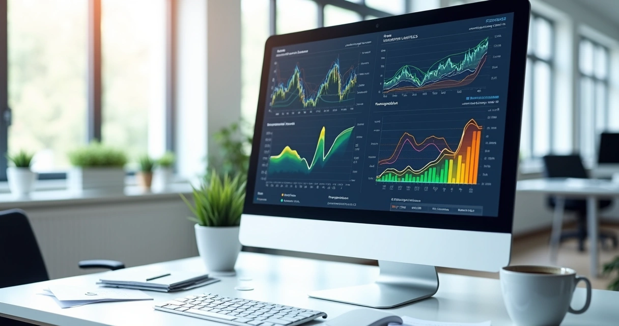 Representação visual de dados firmográficos, demográficos e tecnográficos conectados em uma tela de computador 
