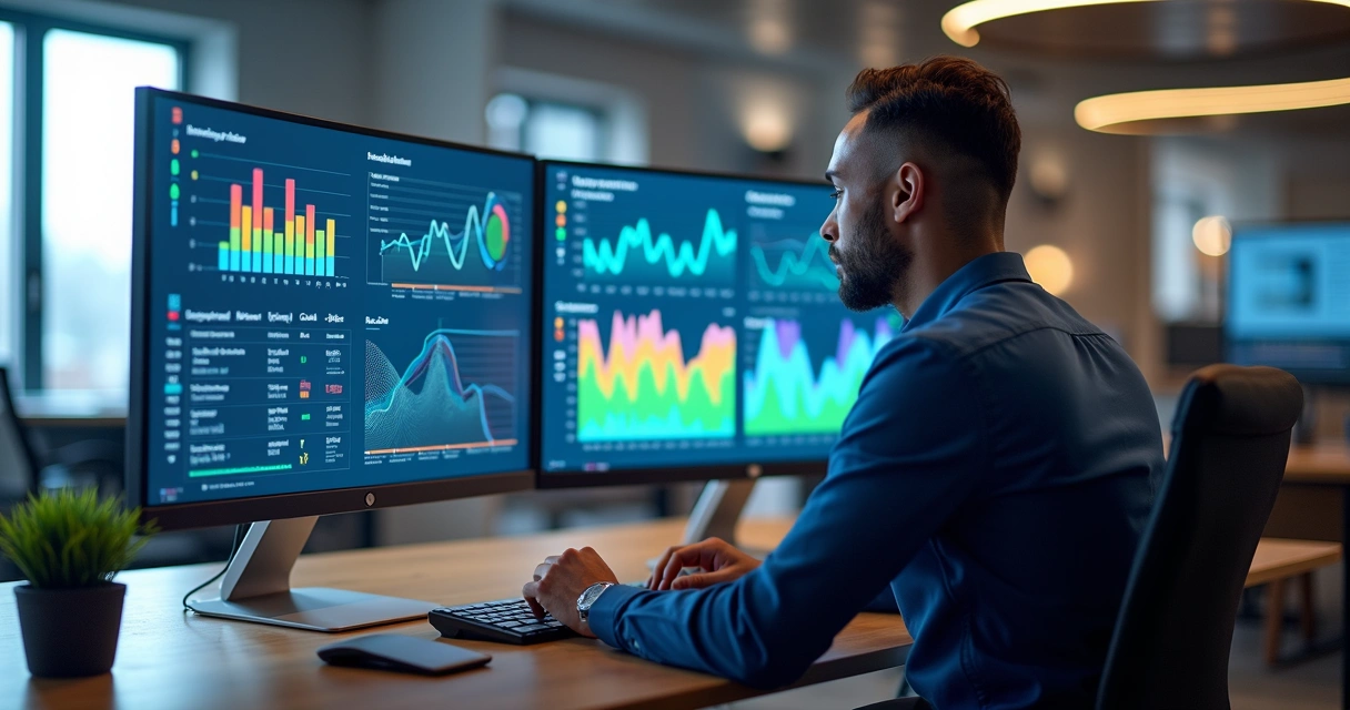 Profissional analisando gráficos e dados em telas múltiplas de computador com interface de CRM e painéis de vendas 