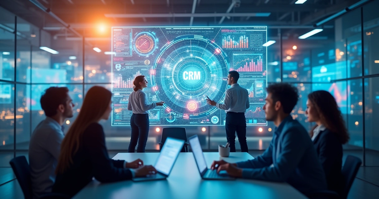 Interface digital mostrando gráficos e conexões de dados com pessoas analisando informações em tela grande 
