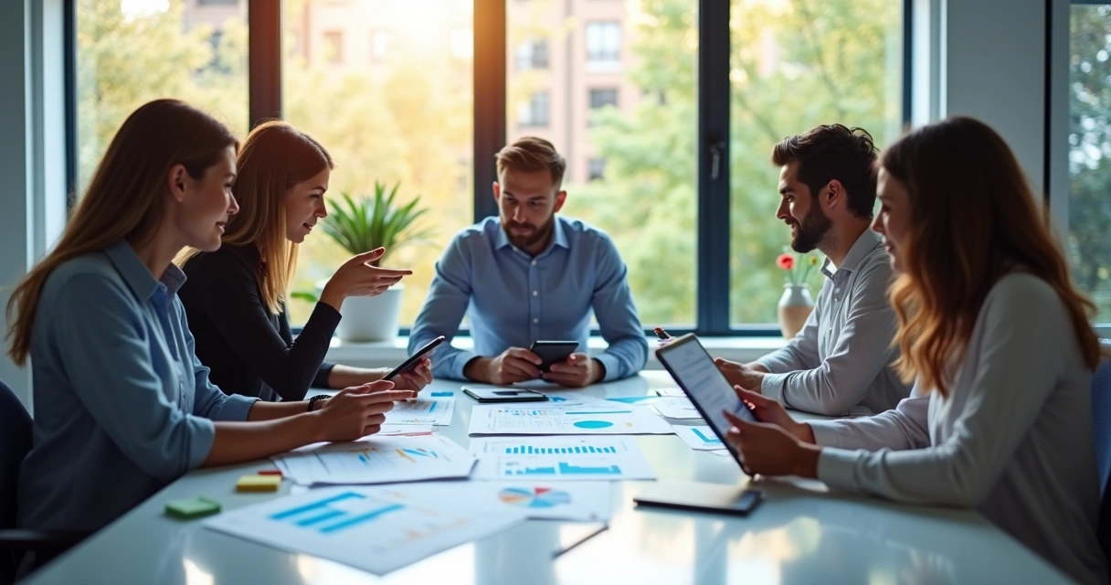 Equipe em reunião analisando relatórios coloridos de dados em ambiente corporativo 