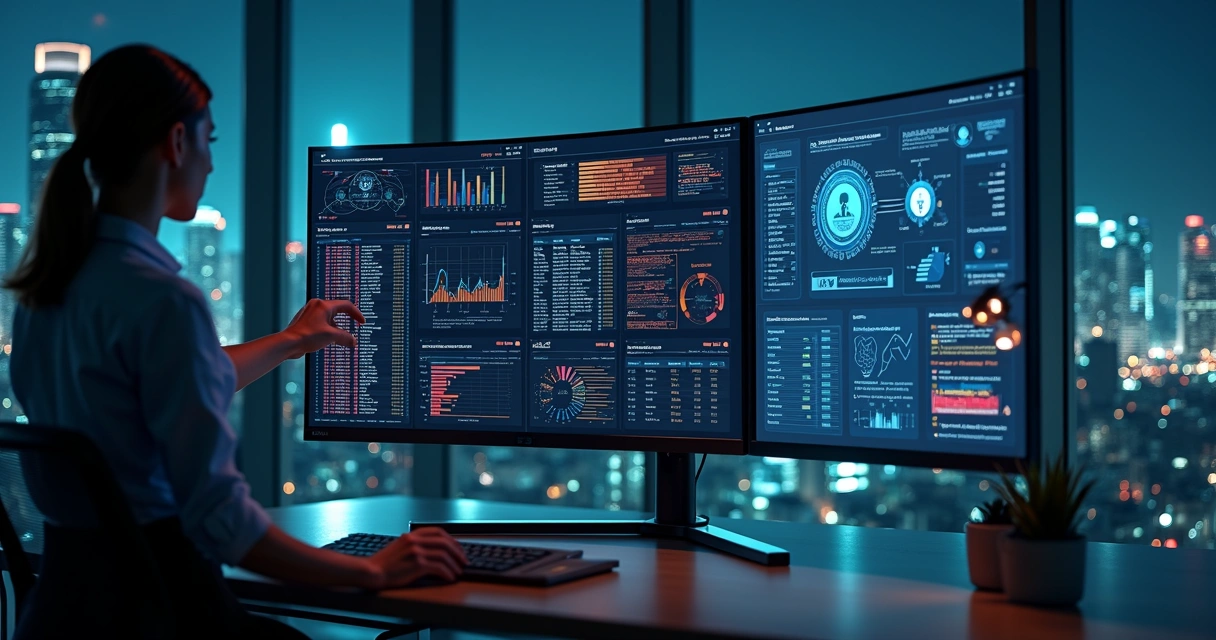 Painel de dados com ícones de segurança digital e análise de fraudes 