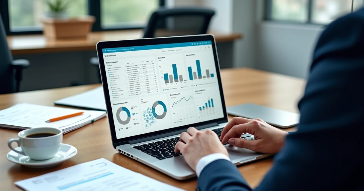 Profissional utilizando notebook com gráficos e dados para enriquecimento cadastral 