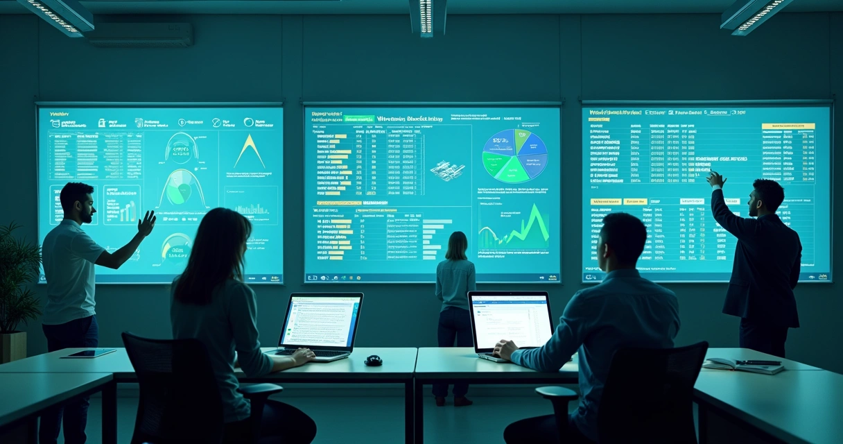 Equipe de marketing atualizando dados de leads em painéis digitais 