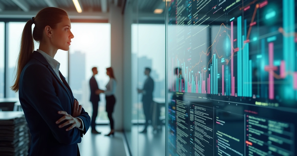 Empresária analisando dados em tela digital 