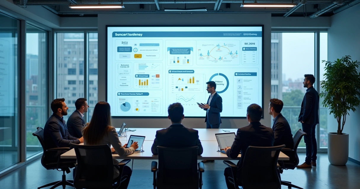Equipe analisando planilha de dados em tela grande 