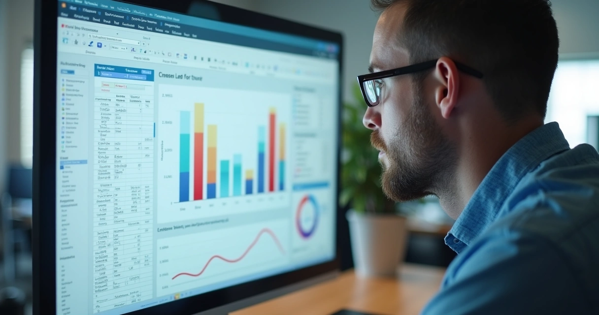 Enriquecimento de Mailing: Melhore Seus Leads e Vendas B2B 2 Profissional analisando planilha de leads em tela ampla com gráficos de vendas