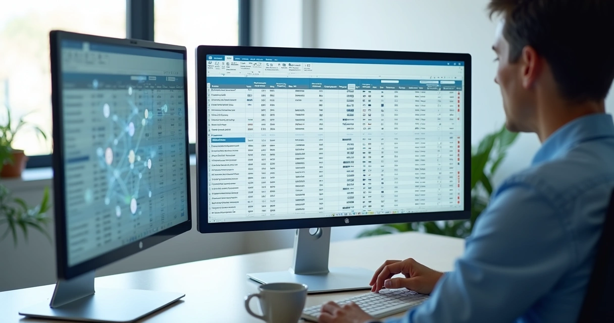 Pessoa usando um computador enquanto analisa lista de leads em uma tela, com dados conectando diferentes registros