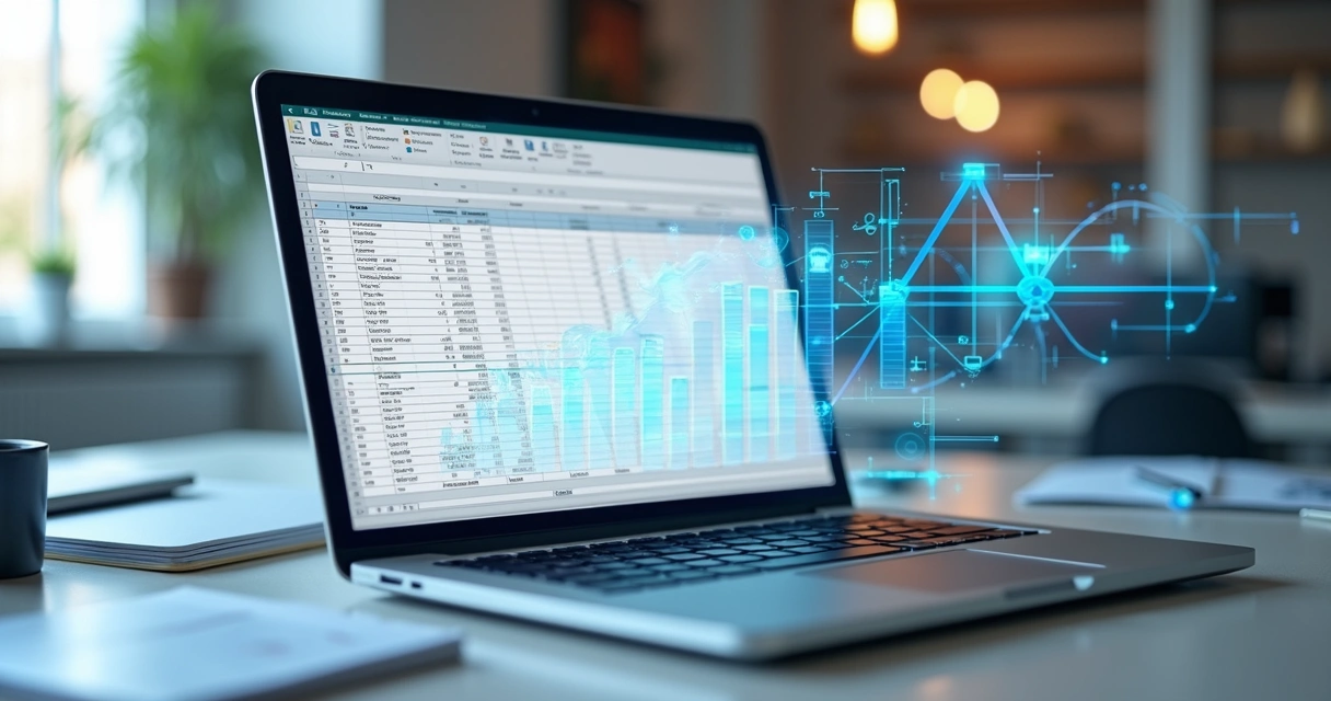 Planilha digital com colunas sendo preenchidas automaticamente em um notebook moderno 
