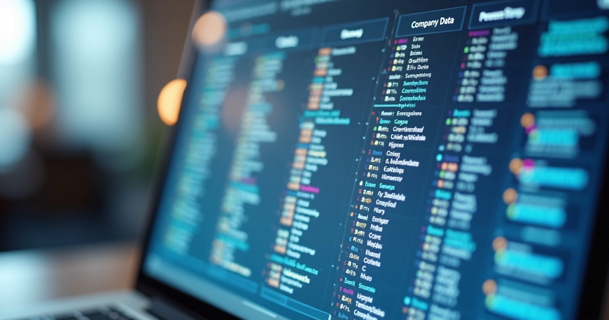 Planilha digital com dados empresariais sendo enriquecida automaticamente na tela de um computador 