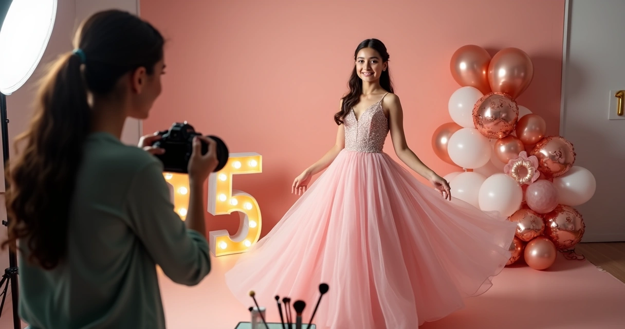 Debutante em vestido fluido sendo fotografada em estúdio com cenário colorido 