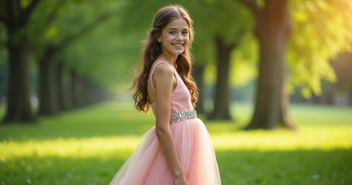 Debutante em ensaio fotográfico externo sorrindo com vestido longo 