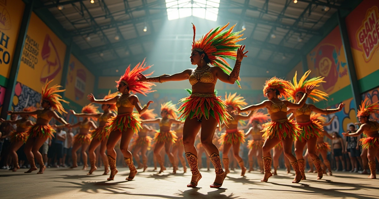 Ensaio de escola de samba com artistas e patrocinadores reunidos 