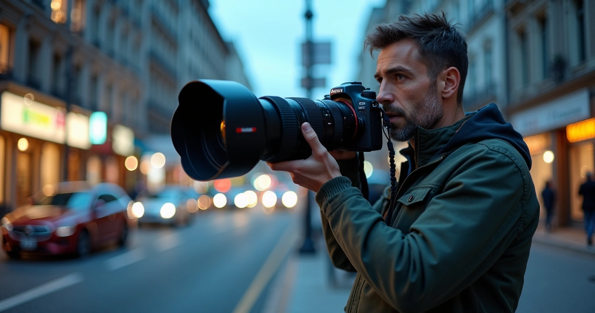 Homem fotografa cena urbana com lente grande angular 