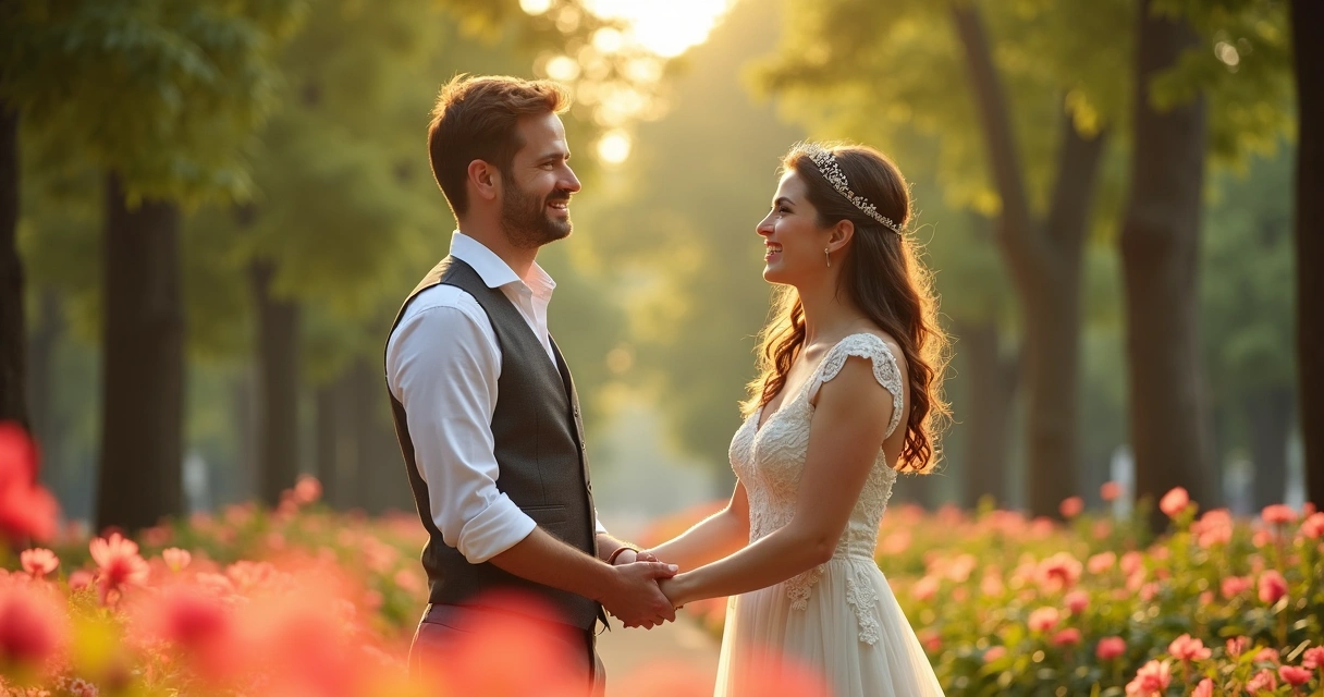 Casal fotografando em parque com flores e árvores altas 