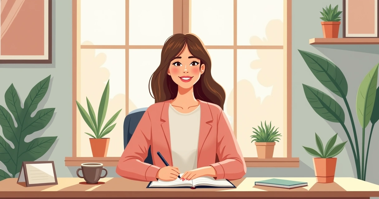 Mulher empreendedora sorrindo em cenário aconchegante 