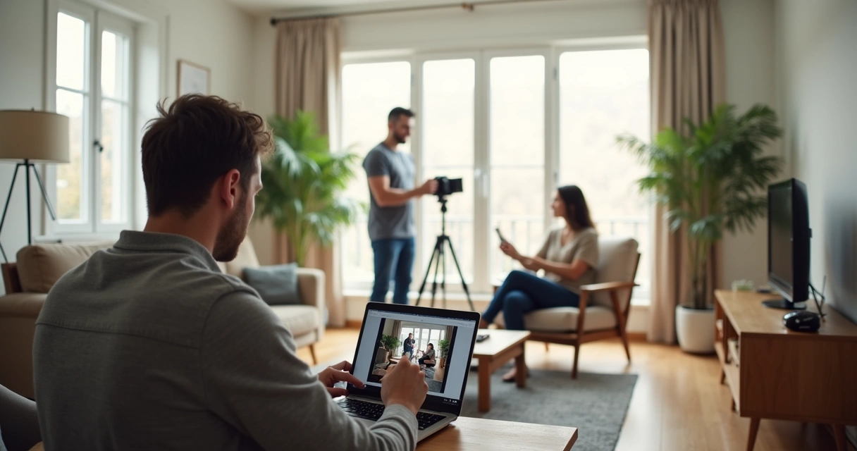 Fotógrafo orientando sessão remota em casa com cliente usando smartphone 