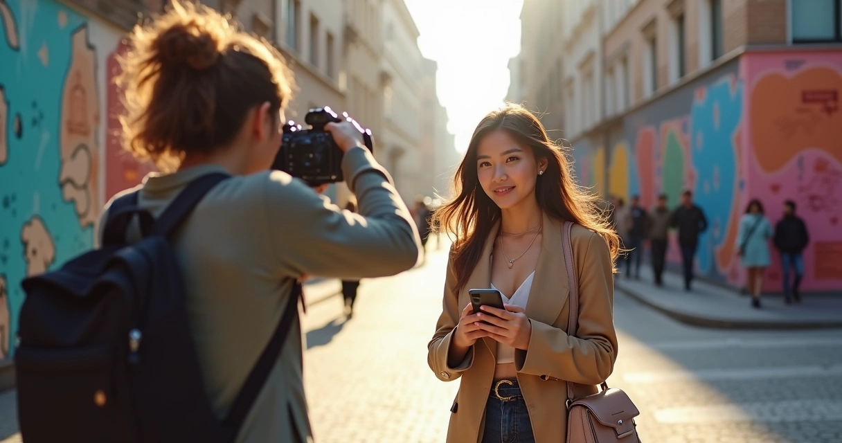 Fotógrafo realizando ensaio de influenciador em cenário urbano com celular em mãos 