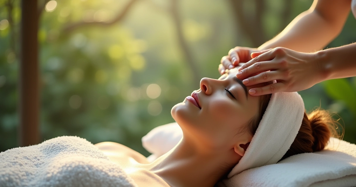 Mulher recebendo massagem facial em spa contemporâneo ao ar livre 