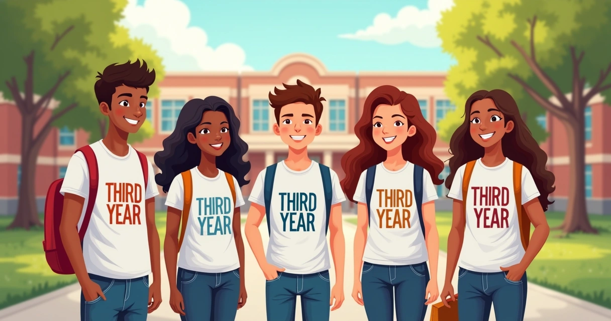 Turma do terceiro ano usando camisetas personalizadas em ensaio fotográfico 