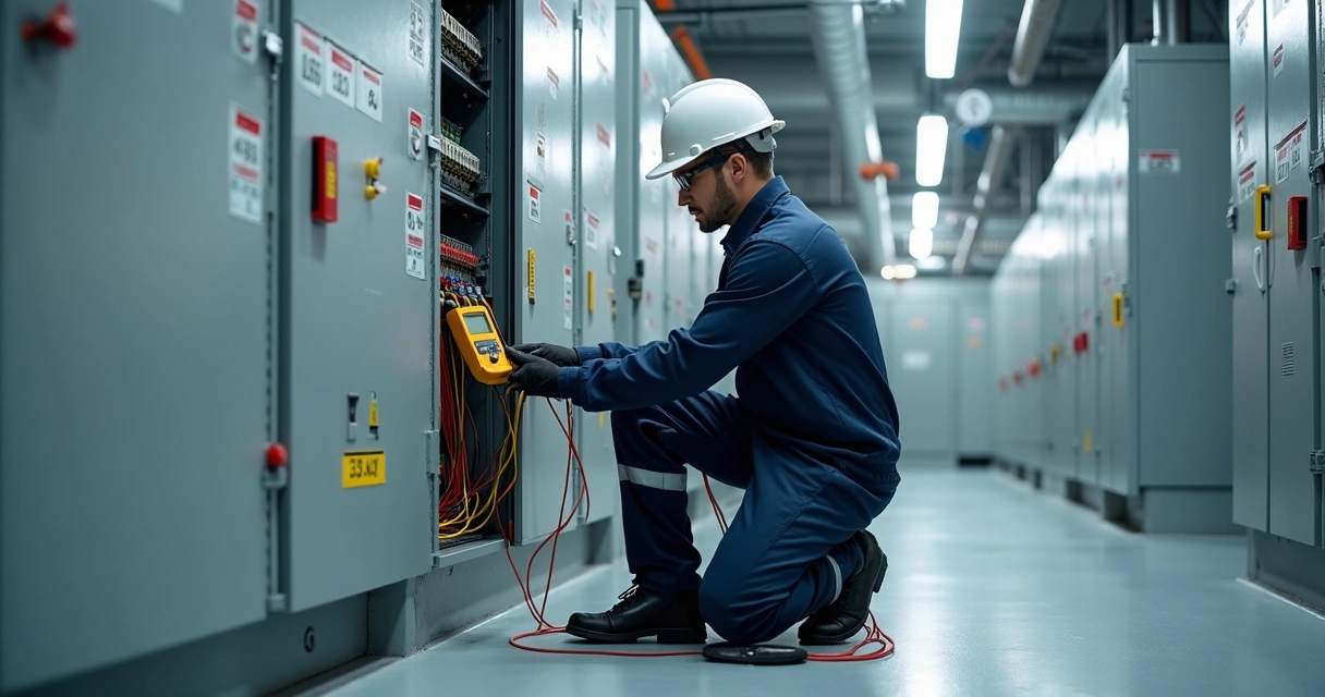Técnico realizando ensaio de isolamento em painel de média tensão 