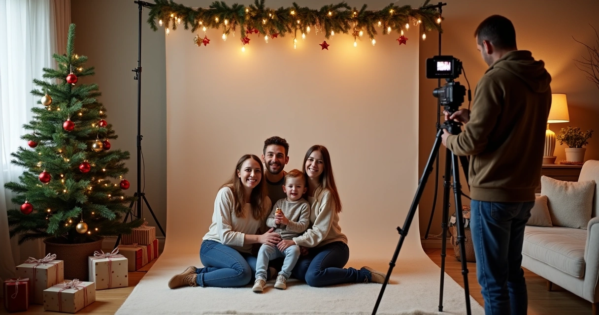 Família posando para miniensaio natalino em estúdio decorado com luzes e árvore de Natal 