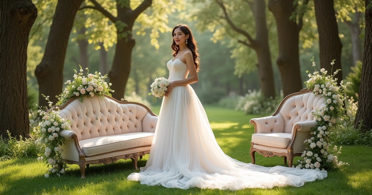 Noiva posando em local externo, cercada de natureza e luz suave 