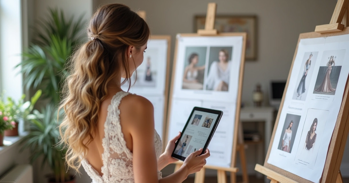 Noiva olhando referências visuais em painéis e tablet 