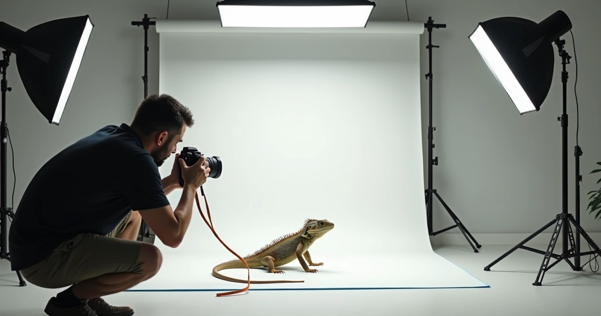 Fotógrafo registra lagarto exótico em estúdio fotográfico profissional, mesa branca e luz suave ao redor. 