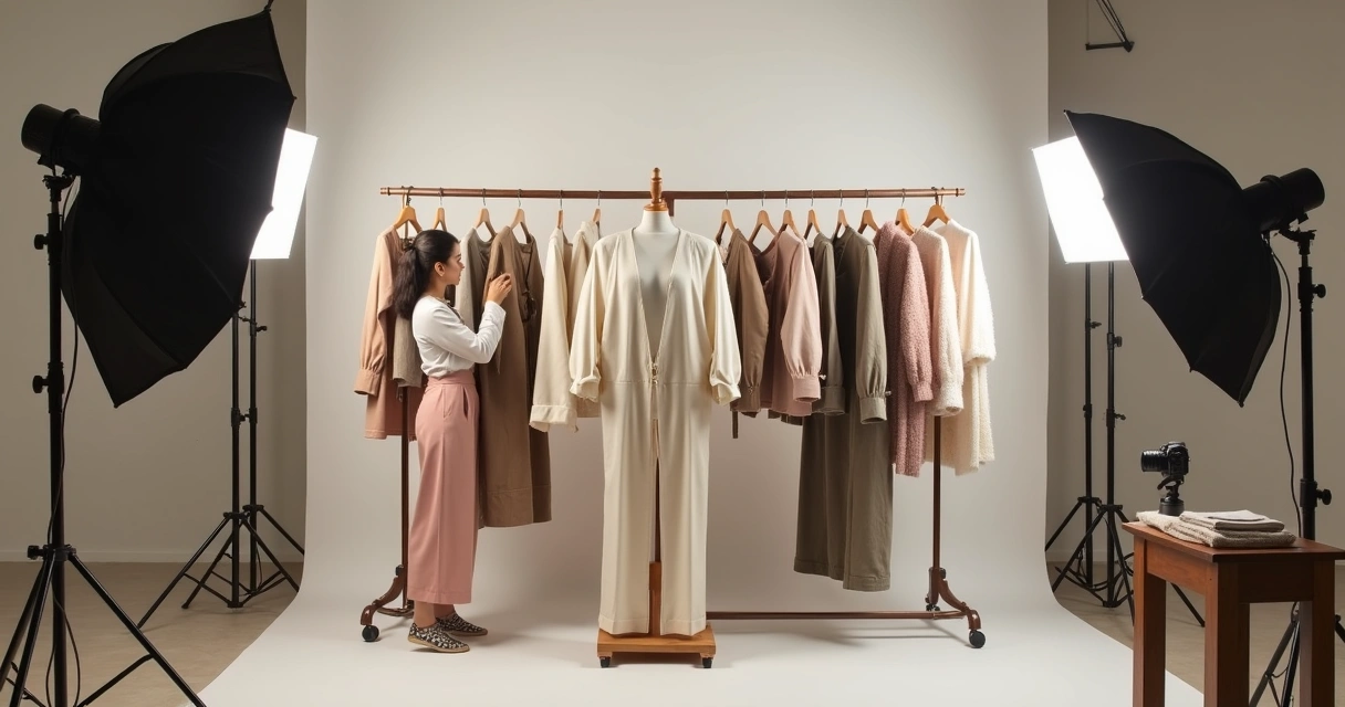 Produção de fotos de roupas em estúdio com peças organizadas 