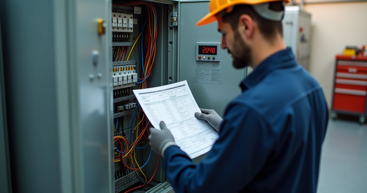 Técnico analisando resultados de ensaio em painel de controle industrial 