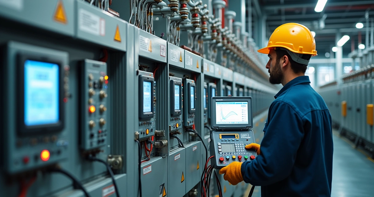 Engenheiro realizando ensaio em relé de proteção em subestação industrial 