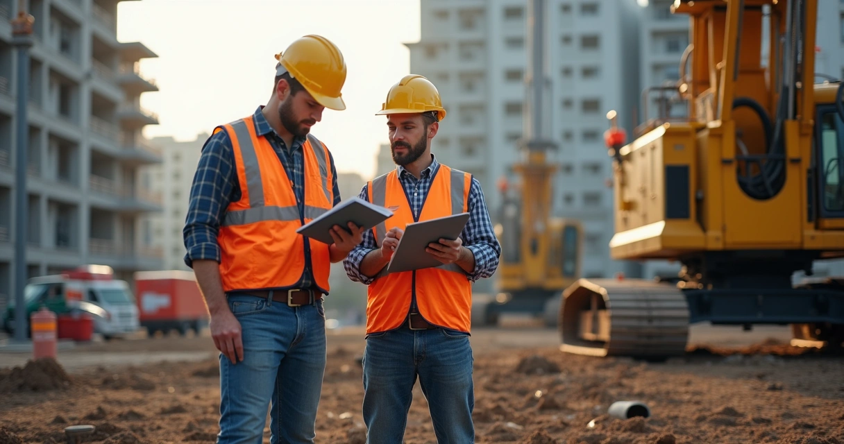Engenheiros analisando equipamento de ensaio SPT em obra urbana. 