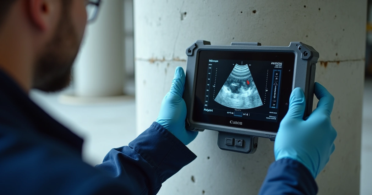 Equipamento de ultrassom realizando exame em pilar de concreto 