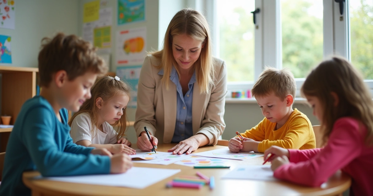 Crianças em uma sala de aula cooperativa, recebendo ajuda de uma professora durante atividades em grupo. 