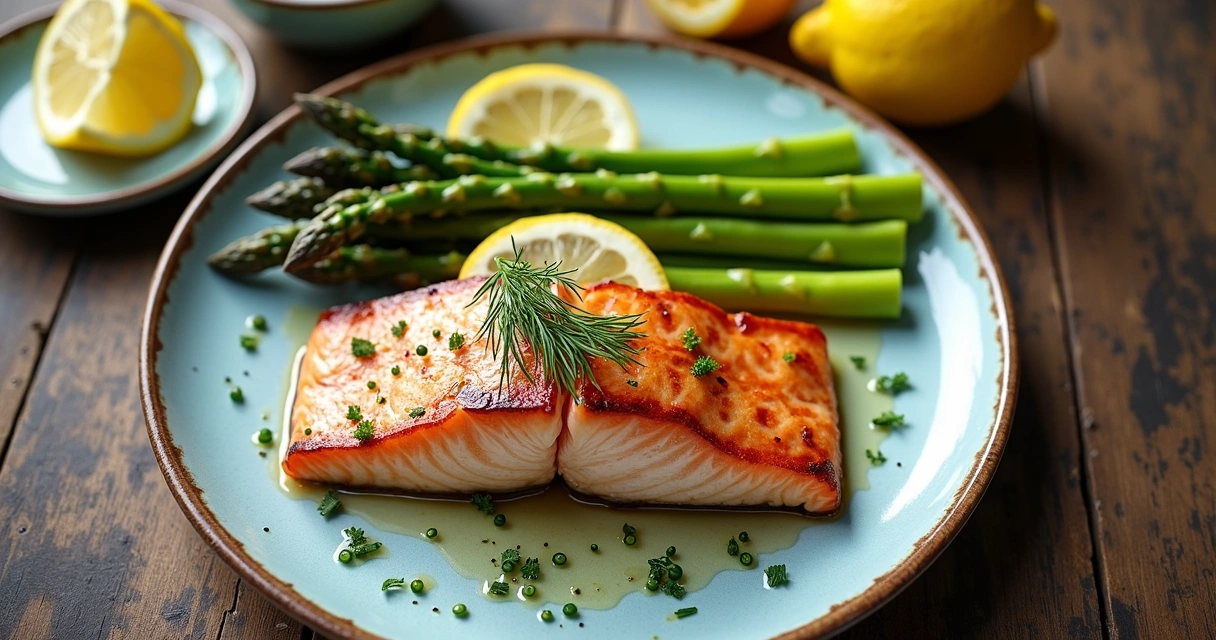 Salmón y espárragos en un plato blanco sobre fondo de madera 