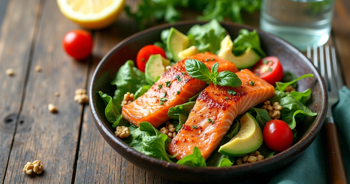 Ensalada colorida con vegetales frescos, aguacate y salmón 