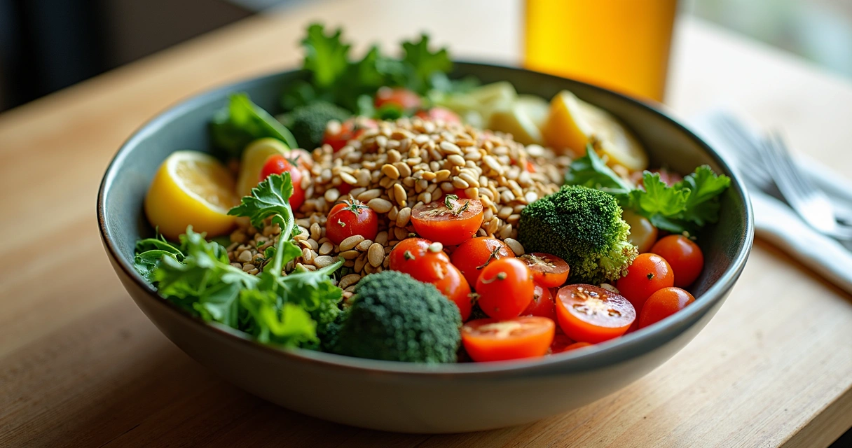 Ensalada colorida rica en vegetales y semillas en un bowl de madera