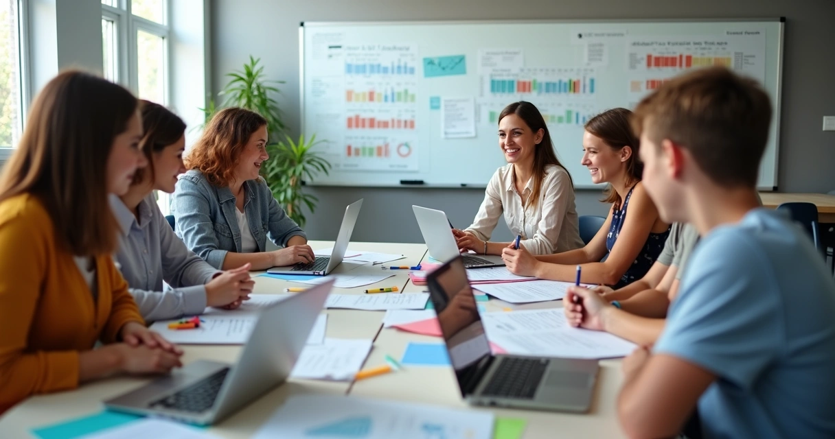Equipe escolar revisando dados de estudantes em computadores e documentos 