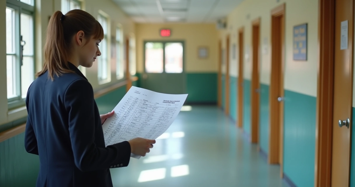 Coordenador escolar conferindo relatório impresso de ensalamento no corredor da escola 