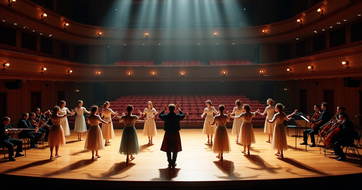 Elenco de musical ensayando en teatro con vestuario y escenografía 