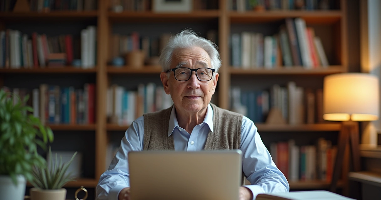 Pessoa experiente ensinando em aula online com livros ao fundo 