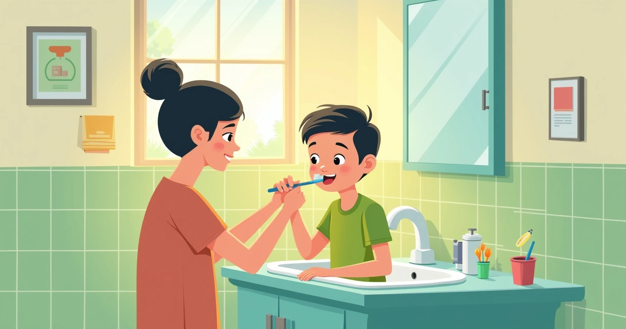 Criança escovando os dentes com apoio de um adulto 