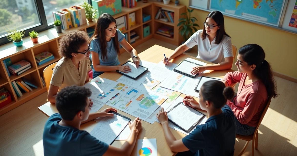 Equipe de gestão escolar revisando plano bilíngue em uma reunião escolar 